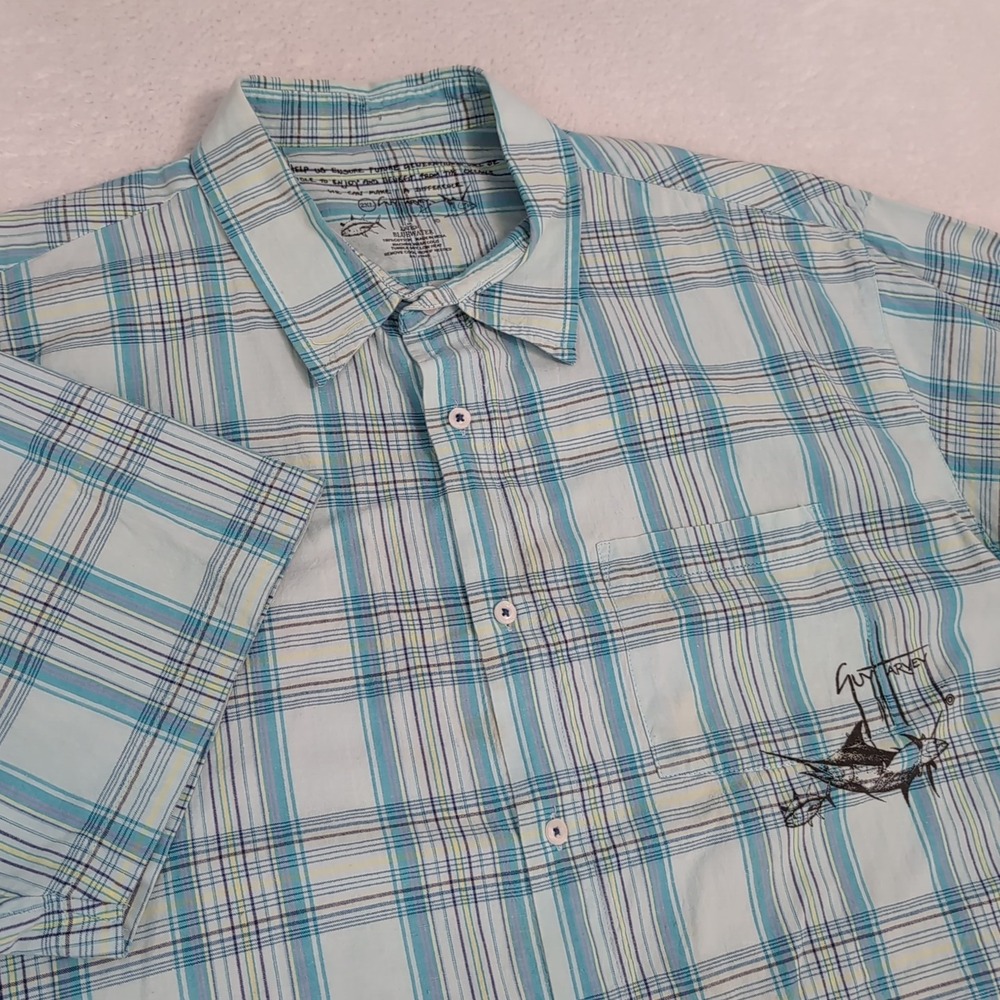 Guy Harvey Shirt Mens 2XL Blue Yellow Short Sleeve Button Down Cotton